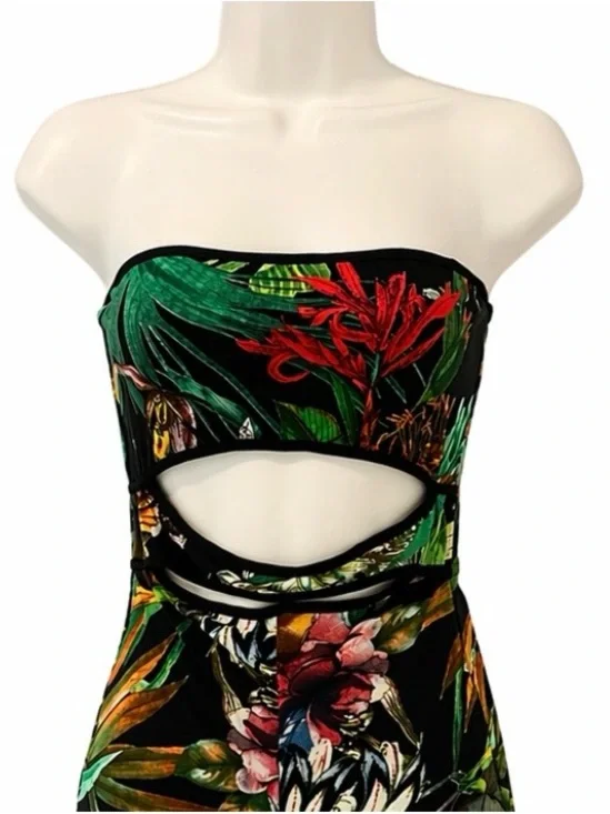 Fashion Nova Womens S Black Tropical Floral Strapless Cutout Romper Shorts Lined - Picture 4 of 10